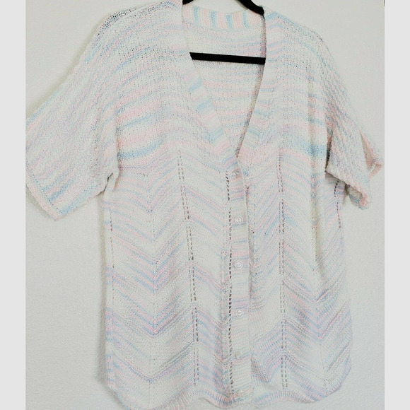 Vintage Handmade Sz L Pastel Knit Button Up Short Sleeve Grannycore Cardigan - Picture 2 of 6